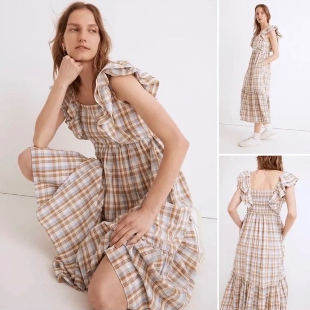 Madewell Ruffle-Sleeve Tiered Midi Dress in Plaid 14
